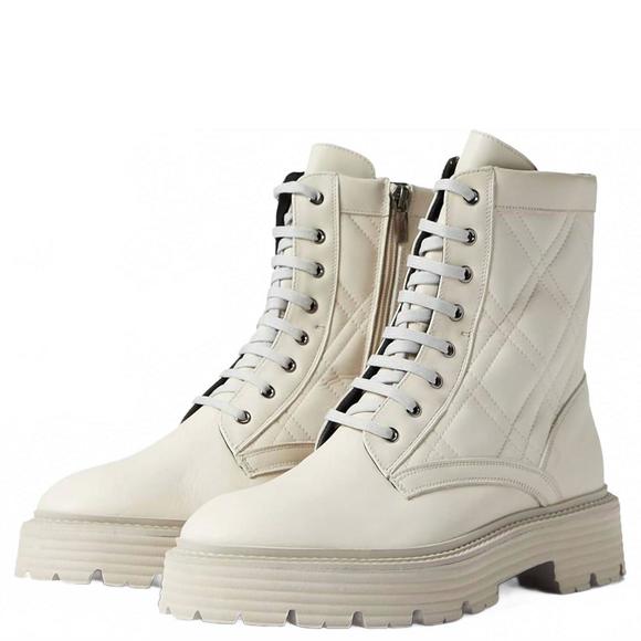 NEW LA CANADIENNE women's yasmine quilted leather lace up boots in bone leather - Picture 1 of 4